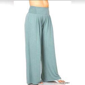 Sassy Smocked Waist Wide Leg Knit Pants in Blue Gray